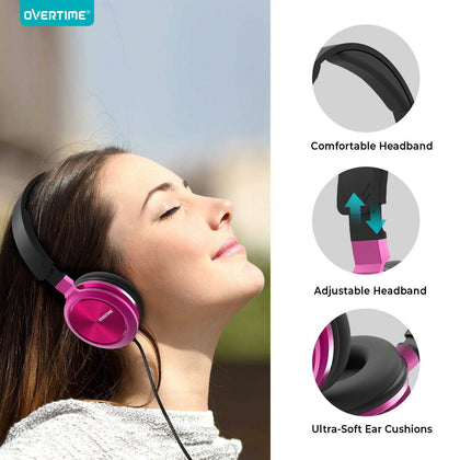 Overtime Wired Stereo Headphones Over-Ear Headphones Adjustable Headband - Place Wireless