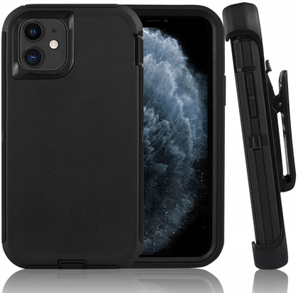 iPhone 11 Case  (Belt Clip fit Otterbox Defender) Heavy Duty Rugged Multi Layer Hybrid Protective Shockproof Cover with Belt Clip [Compatible for Apple iphone 11] 6.1 inch (BLACK & BLACK) - Place Wireless