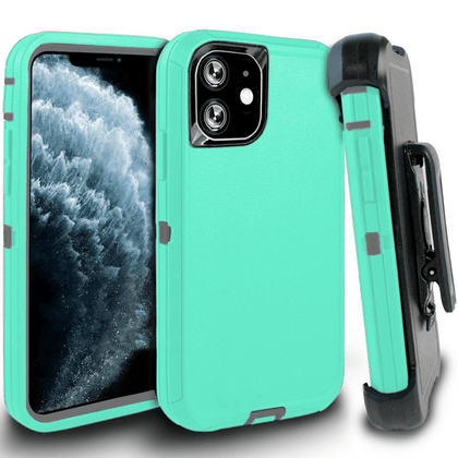 iPhone 11 Case  (Belt Clip fit Otterbox Defender) Heavy Duty Rugged Multi Layer Hybrid Protective Shockproof Cover with Belt Clip [Compatible for Apple iphone 11] 6.1 inch (AQUA MINT & GRAY ) - Place Wireless