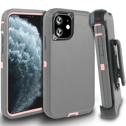 iPhone 11 Case  (Belt Clip fit Otterbox Defender) Heavy Duty Rugged Multi Layer Hybrid Protective Shockproof Cover with Belt Clip [Compatible for Apple iphone 11] 6.1 inch (GRAY & PINK) - Place Wireless