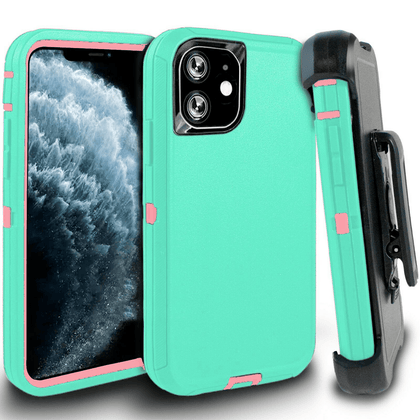 iPhone 11 Case  (Belt Clip fit Otterbox Defender) Heavy Duty Rugged Multi Layer Hybrid Protective Shockproof Cover with Belt Clip [Compatible for Apple iphone 11] 6.1 inch (AQUA MINT & PINK ) - Place Wireless