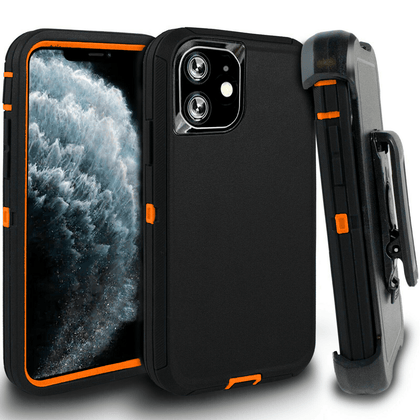 iPhone 11 Case  (Belt Clip fit Otterbox Defender) Heavy Duty Rugged Multi Layer Hybrid Protective Shockproof Cover with Belt Clip [Compatible for Apple iphone 11] 6.1 inch (BLACK & ORANGE ) - Place Wireless