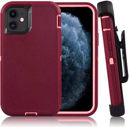 iPhone 11 Case  (Belt Clip fit Otterbox Defender) Heavy Duty Rugged Multi Layer Hybrid Protective Shockproof Cover with Belt Clip [Compatible for Apple iphone 11] 6.1 inch (BURGUNDY & PINK) - Place Wireless