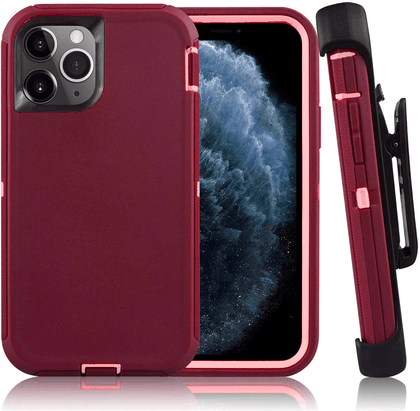 iPhone 11Pro Case  (Belt Clip fit Otterbox Defender) Heavy Duty Rugged Multi Layer Hybrid Protective Shockproof Cover with Belt Clip [Compatible for Apple iphone 11Pro] 5.8 inch (BURGUNDY & PINK) - Place Wireless