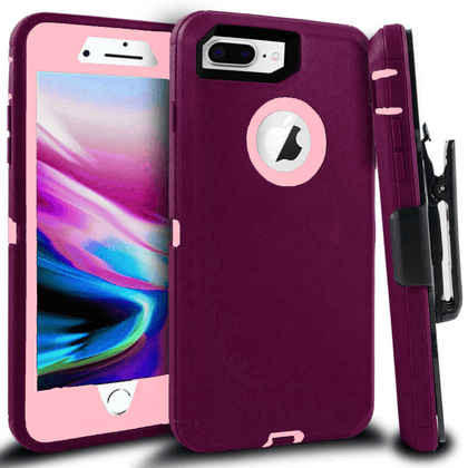 iPhone 8 Plus/7 Plus Case(Belt Clip fit Otterbox Defender) Heavy Duty Protective Shockproof cover and touch screen protector with Belt Clip [Compatible for Apple iphone 8 plus/7 Plus] 5.5 inch (BURGUNDY & PINK) - Place Wireless