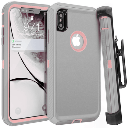 iPhone X/XS Case (Belt Clip fit Otterbox Defender) Heavy Duty Rugged Multi Layer Hybrid Protective Shockproof Cover with Belt Clip [Compatible for Apple iphone X/XS] 5.8 inch (GRAY & PINK) - Place Wireless