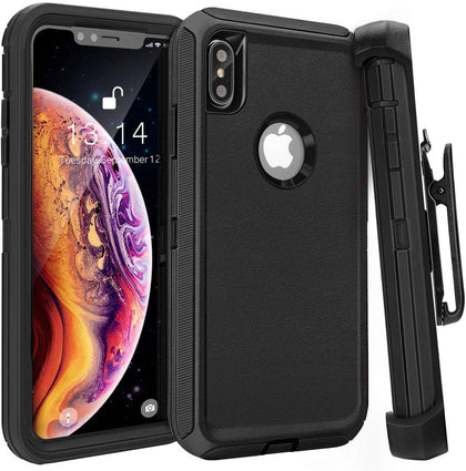 iPhone X/XS Case (Belt Clip fit Otterbox Defender) Heavy Duty Rugged Multi Layer Hybrid Protective Shockproof Cover with Belt Clip [Compatible for Apple iphone X/XS] 5.8 inch (BLACK & BLACK) - Place Wireless