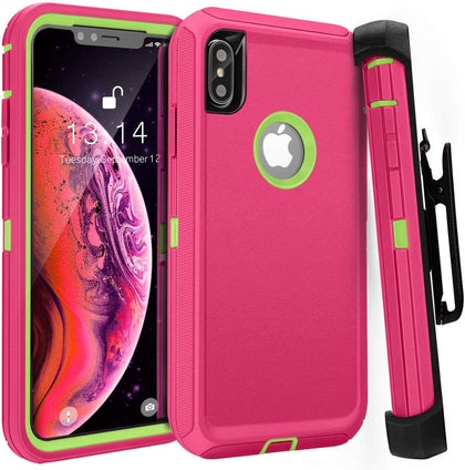 iPhone X/XS Case (Belt Clip fit Otterbox Defender) Heavy Duty Rugged Multi Layer Hybrid Protective Shockproof Cover with Belt Clip [Compatible for Apple iphone X/XS] 5.8 inch (PINK & GREEN) - Place Wireless