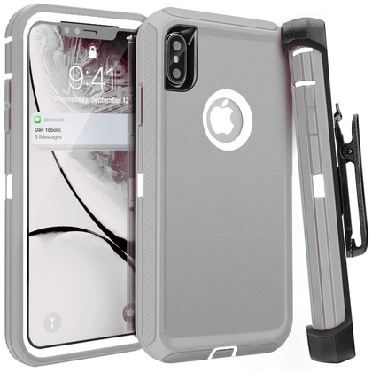iPhone X/XS Case (Belt Clip fit Otterbox Defender) Heavy Duty Rugged Multi Layer Hybrid Protective Shockproof Cover with Belt Clip [Compatible for Apple iphone X/XS] 5.8 inch (GRAY & WHITE) - Place Wireless