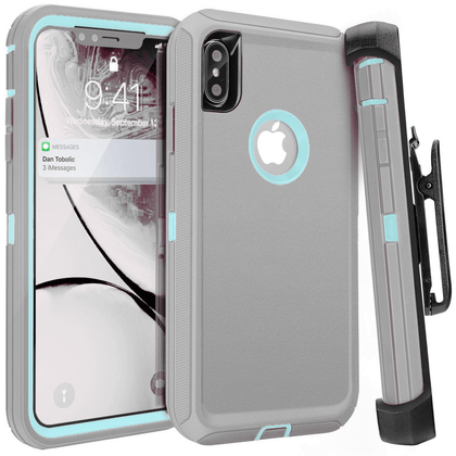 iPhone X/XS Case (Belt Clip fit Otterbox Defender) Heavy Duty Rugged Multi Layer Hybrid Protective Shockproof Cover with Belt Clip [Compatible for Apple iphone X/XS] 5.8 inch (GRAY & TEAL) - Place Wireless