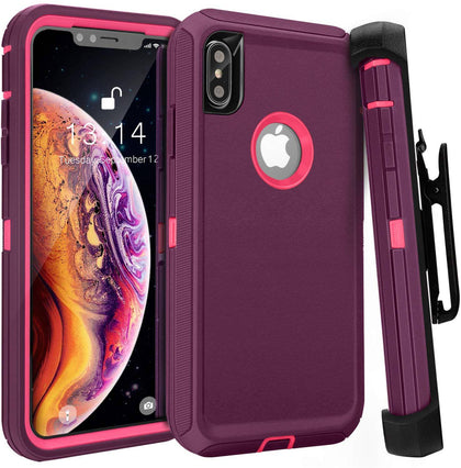 iPhone X/XS Case (Belt Clip fit Otterbox Defender) Heavy Duty Rugged Multi Layer Hybrid Protective Shockproof Cover with Belt Clip [Compatible for Apple iphone X/XS] 5.8 inch (BURGUNDY & HOT  PINK) - Place Wireless