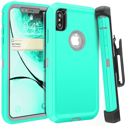 iPhone X/XS Case (Belt Clip fit Otterbox Defender) Heavy Duty Rugged Multi Layer Hybrid Protective Shockproof Cover with Belt Clip [Compatible for Apple iphone X/XS] 5.8 inch (AQUA MINT & GRAY) - Place Wireless