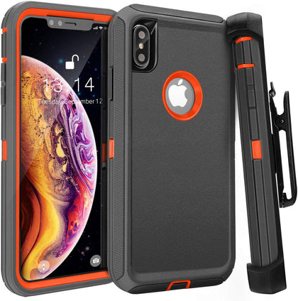 iPhone X/XS Case (Belt Clip fit Otterbox Defender) Heavy Duty Rugged Multi Layer Hybrid Protective Shockproof Cover with Belt Clip [Compatible for Apple iphone X/XS] 5.8 inch (GRAY & ORANGE) - Place Wireless