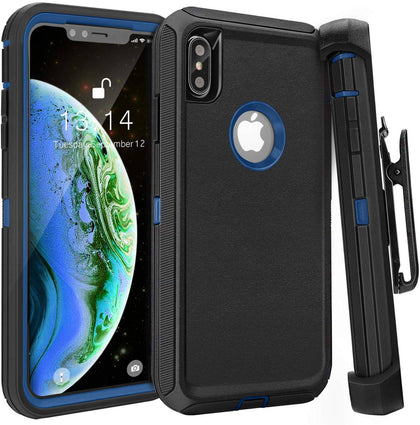 iPhone X/XS Case (Belt Clip fit Otterbox Defender) Heavy Duty Rugged Multi Layer Hybrid Protective Shockproof Cover with Belt Clip [Compatible for Apple iphone X/XS] 5.8 inch (BLACK & BLUE) - Place Wireless