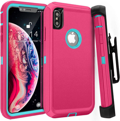iPhone X/XS Case (Belt Clip fit Otterbox Defender) Heavy Duty Rugged Multi Layer Hybrid Protective Shockproof Cover with Belt Clip [Compatible for Apple iphone X/XS] 5.8 inch (PINK & TEAL) - Place Wireless