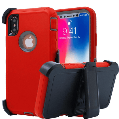 iPhone X/XS Case (Belt Clip fit Otterbox Defender) Heavy Duty Rugged Multi Layer Hybrid Protective Shockproof Cover with Belt Clip [Compatible for Apple iphone X/XS] 5.8 inch (RED & GRAY) - Place Wireless