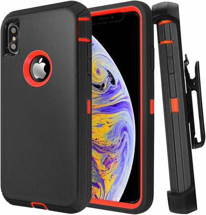 iPhone X/XS Case (Belt Clip fit Otterbox Defender) Heavy Duty Rugged Multi Layer Hybrid Protective Shockproof Cover with Belt Clip [Compatible for Apple iphone X/XS] 5.8 inch (BLACK & ORANGE) - Place Wireless