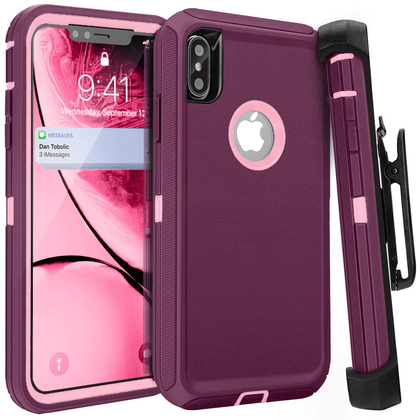 iPhone X/XS Case (Belt Clip fit Otterbox Defender) Heavy Duty Rugged Multi Layer Hybrid Protective Shockproof Cover with Belt Clip [Compatible for Apple iphone X/XS] 5.8 inch (BURGUNDY & PINK) - Place Wireless