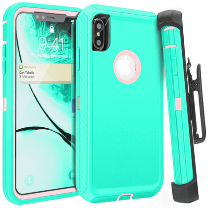 iPhone X/XS Case (Belt Clip fit Otterbox Defender) Heavy Duty Rugged Multi Layer Hybrid Protective Shockproof Cover with Belt Clip [Compatible for Apple iphone X/XS] 5.8 inch (AQUA MINT & PINK) - Place Wireless
