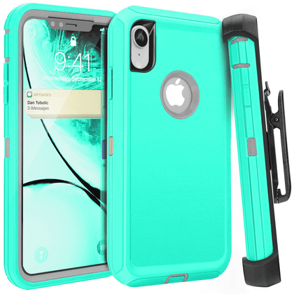 iPhone XR Case  (Belt Clip fit Otterbox Defender) Heavy Duty Rugged Multi Layer Hybrid Protective Shockproof Cover with Belt Clip [Compatible for Apple iphone XR] 6.1 inch (AQUA MINT & Gray) - Place Wireless