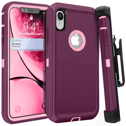 iPhone XR Case  (Belt Clip fit Otterbox Defender) Heavy Duty Rugged Multi Layer Hybrid Protective Shockproof Cover with Belt Clip [Compatible for Apple iphone XR] 6.1 inch (Burgundy & Pink) - Place Wireless