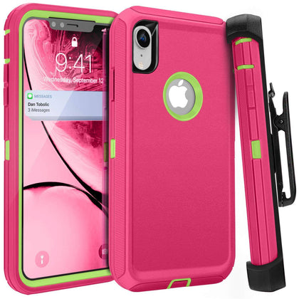 iPhone XR Case  (Belt Clip fit Otterbox Defender) Heavy Duty Rugged Multi Layer Hybrid Protective Shockproof Cover with Belt Clip [Compatible for Apple iphone XR] 6.1 inch  (Pink & Green) - Place Wireless