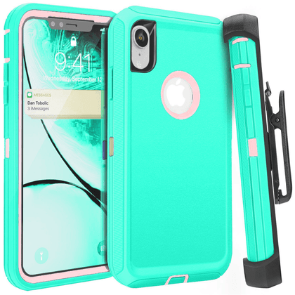 iPhone XR Case  (Belt Clip fit Otterbox Defender) Heavy Duty Rugged Multi Layer Hybrid Protective Shockproof Cover with Belt Clip [Compatible for Apple iphone XR] 6.1 inch (AQUA MINT & Pink) - Place Wireless