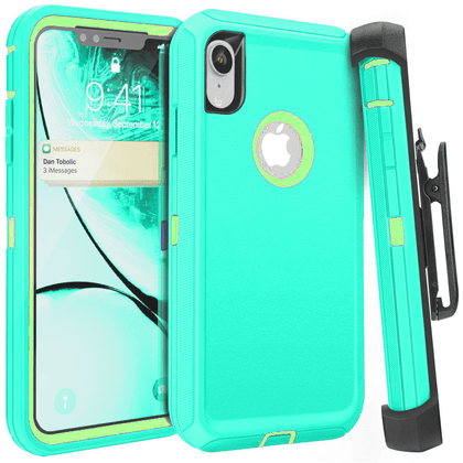 iPhone XR Case  (Belt Clip fit Otterbox Defender) Heavy Duty Rugged Multi Layer Hybrid Protective Shockproof Cover with Belt Clip [Compatible for Apple iphone XR] 6.1 inch (AQUA MINT & GREEN) - Place Wireless