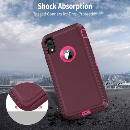 iPhone XR Case  (Belt Clip fit Otterbox Defender) Heavy Duty Rugged Multi Layer Hybrid Protective Shockproof Cover with Belt Clip [Compatible for Apple iphone XR] 6.1 inch  (Burgundy & Hot Pink) - Place Wireless
