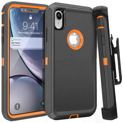 iPhone XR Case  (Belt Clip fit Otterbox Defender) Heavy Duty Rugged Multi Layer Hybrid Protective Shockproof Cover with Belt Clip [Compatible for Apple iphone XR] 6.1 inch  (Gray & Orange) - Place Wireless