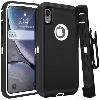 iPhone XR Case  (Belt Clip fit Otterbox Defender) Heavy Duty Rugged Multi Layer Hybrid Protective Shockproof Coverh Belt Clip [Compatible for Apple iphone XR] 6.1 inch (BLACK & WHITE) - Place Wireless