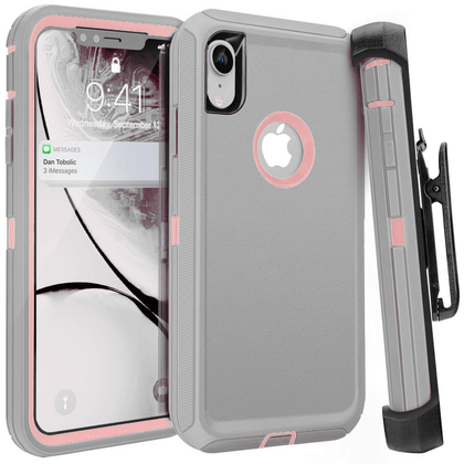 iPhone XR Case  (Belt Clip fit Otterbox Defender) Heavy Duty Rugged Multi Layer Hybrid Protective Shockproof Coverh Belt Clip [Compatible for Apple iphone XR] 6.1 inch (GRAY & PINK) - Place Wireless