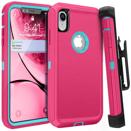 iPhone XR Case  (Belt Clip fit Otterbox Defender) Heavy Duty Rugged Multi Layer Hybrid Protective Shockproof Coverh Belt Clip [Compatible for Apple iphone XR] 6.1 inch (PINK & TEAL) - Place Wireless