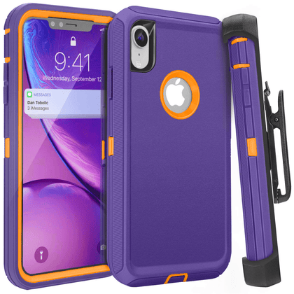 iPhone XR Case  (Belt Clip fit Otterbox Defender) Heavy Duty Rugged Multi Layer Hybrid Protective Shockproof Coverh Belt Clip [Compatible for Apple iphone XR] 6.1 inch (PURPLE & ORANGE) - Place Wireless