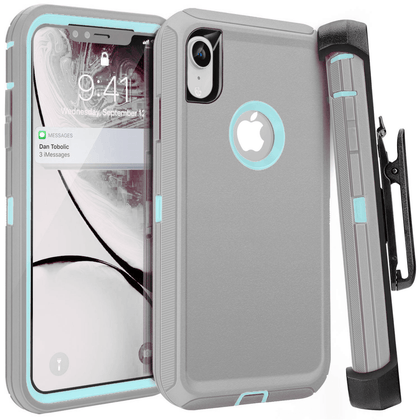 iPhone XR Case  (Belt Clip fit Otterbox Defender) Heavy Duty Rugged Multi Layer Hybrid Protective Shockproof Coverh Belt Clip [Compatible for Apple iphone XR] 6.1 inch (GRAY & TEAL) - Place Wireless