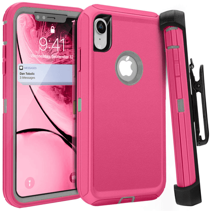iPhone XR Case  (Belt Clip fit Otterbox Defender) Heavy Duty Rugged Multi Layer Hybrid Protective Shockproof Coverh Belt Clip [Compatible for Apple iphone XR] 6.1 inch (PINK & GRAY) - Place Wireless
