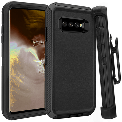 SAMSUNG Galaxy S10+ Case (Belt Clip fit Otterbox Defender) Heavy Duty Rugged Multi Layer Hybrid Protective Shockproof Cover with Belt Clip [Compatible for SAMSUNG GALAXY S10+] 6.4 inch (BLACK & BLACK) - Place Wireless