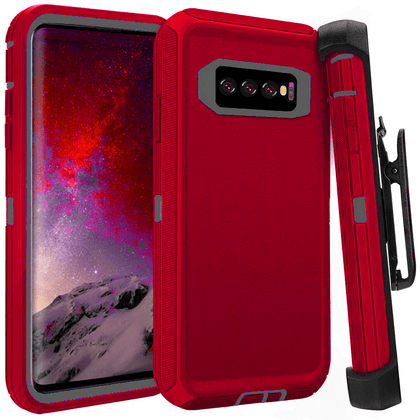 SAMSUNG Galaxy S10+ Case (Belt Clip fit Otterbox Defender) Heavy Duty Rugged Multi Layer Hybrid Protective Shockproof Cover with Belt Clip [Compatible for SAMSUNG GALAXY S10+] 6.4 inch (RED & GRAY) - Place Wireless