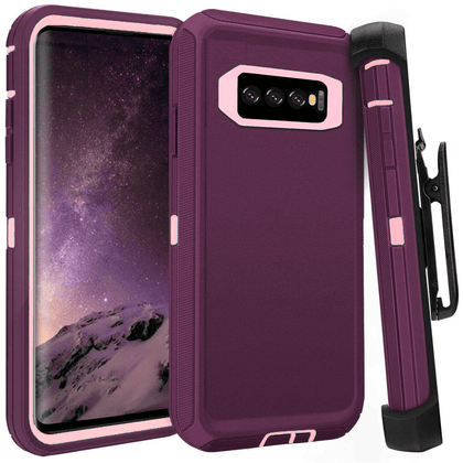SAMSUNG Galaxy S10 Case (Belt Clip fit Otterbox Defender) Heavy Duty Rugged Multi Layer Hybrid Protective Shockproof Cover with Belt Clip [Compatible for SAMSUNG GALAXY S10] 6.1 inch (BURGUNDY & PINK) - Place Wireless