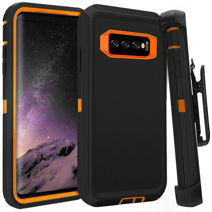 SAMSUNG Galaxy S10 Case (Belt Clip fit Otterbox Defender) Heavy Duty Rugged Multi Layer Hybrid Protective Shockproof Cover with Belt Clip [Compatible for SAMSUNG GALAXY S10] 6.1 inch (BLACK & ORANGE) - Place Wireless