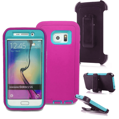SAMSUNG GALAXY S6 CASE(Belt Clip fit Otterbox Defender) Heavy Duty Protective Shockproof cover and touch screen protector with Belt Clip [Compatible for SAMSUNG GALAXY S6] 5.1 inch(PINK & TEAL) - Place Wireless