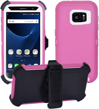SAMSUNG Galaxy S7 Edge Case (Belt Clip fit Otterbox Defender) Heavy Duty Rugged Multi Layer Hybrid Protective Shockproof Cover with Belt Clip [Compatible for SAMSUNG GALAXY S7 Edge] 5.5 inch (PINK & WHITE) - Place Wireless