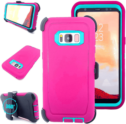 SAMSUNG Galaxy S8 Case (Belt Clip fit Otterbox Defender) Heavy Duty Rugged Multi Layer Hybrid Protective Shockproof Cover with Belt Clip [Compatible for SAMSUNG GALAXY S8] 5.8 inch (PINK & TEAL) - Place Wireless