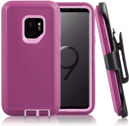 SAMSUNG Galaxy S9 Case (Belt Clip fit Otterbox Defender) Heavy Duty Rugged Multi Layer Hybrid Protective Shockproof Cover with Belt Clip [Compatible for SAMSUNG GALAXY S9] 5.8 inch (BURGUNDY & PINK) - Place Wireless