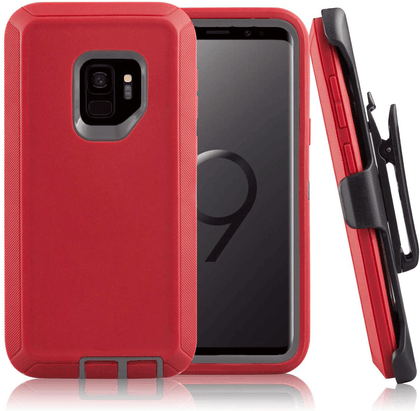 SAMSUNG Galaxy S9 Case (Belt Clip fit Otterbox Defender) Heavy Duty Rugged Multi Layer Hybrid Protective Shockproof Cover with Belt Clip [Compatible for SAMSUNG GALAXY S9] 5.8 inch (RED & GRAY) - Place Wireless