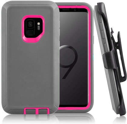 SAMSUNG Galaxy S9+ Case (Belt Clip fit Otterbox Defender) Heavy Duty Rugged Multi Layer Hybrid Protective Shockproof Cover with Belt Clip [Compatible for SAMSUNG GALAXY S9+] 6.2 inch (GRAY & PINK) - Place Wireless