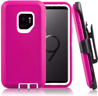 SAMSUNG Galaxy S9+ Case (Belt Clip fit Otterbox Defender) Heavy Duty Rugged Multi Layer Hybrid Protective Shockproof Cover with Belt Clip [Compatible for SAMSUNG GALAXY S9+] 6.2 inch (PINK & WHITE) - Place Wireless