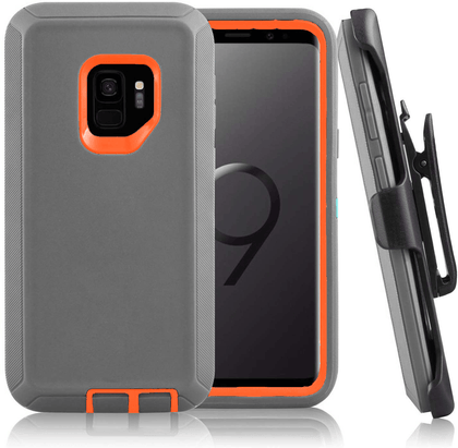 SAMSUNG Galaxy S9 Case (Belt Clip fit Otterbox Defender) Heavy Duty Rugged Multi Layer Hybrid Protective Shockproof Cover with Belt Clip [Compatible for SAMSUNG GALAXY S9] 5.8 inch (GRAY & ORANGE) - Place Wireless