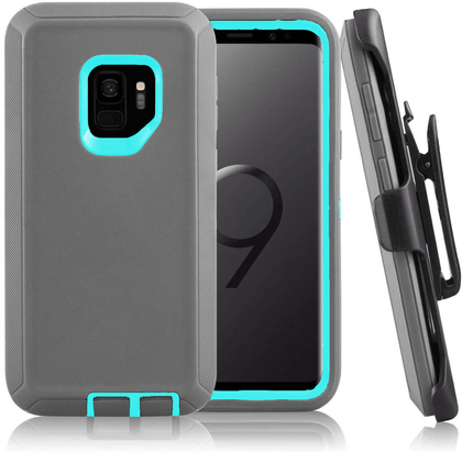 SAMSUNG Galaxy S9 Case (Belt Clip fit Otterbox Defender) Heavy Duty Rugged Multi Layer Hybrid Protective Shockproof Cover with Belt Clip [Compatible for SAMSUNG GALAXY S9] 5.8 inch (GRAY & TEAL) - Place Wireless