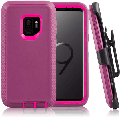 SAMSUNG Galaxy S9+ Case (Belt Clip fit Otterbox Defender) Heavy Duty Rugged Multi Layer Hybrid Protective Shockproof Cover with Belt Clip [Compatible for SAMSUNG GALAXY S9+] 6.2 inch (BURGUNDY & HOT PINK) - Place Wireless